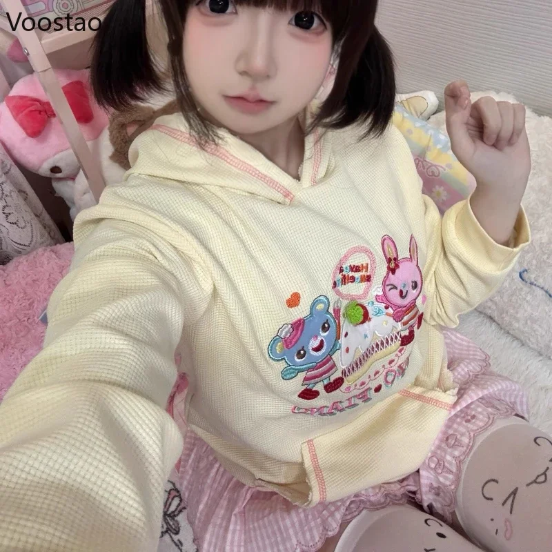 Japanese Sweet Lolita Hooded Sweatshirt Women Y2k Aesthetic Cartoon Embroidery Grunge Hoodies Autumn Streetwear Harajuku Coats