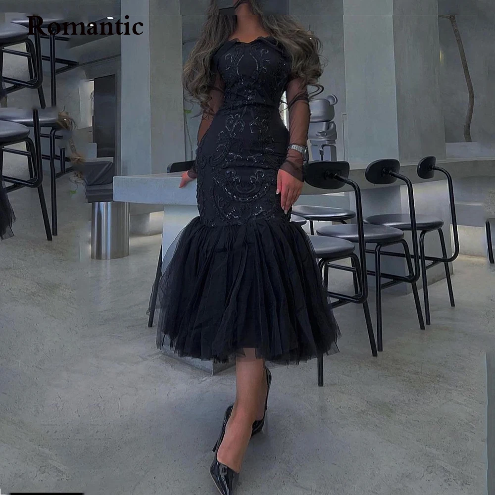 Romantic Evening Dresses Black Lace Trumpt Elegant Prom Dresses Ankle Length Long Sleeves Spaghetti Strap Formal Prom Gowns 2022