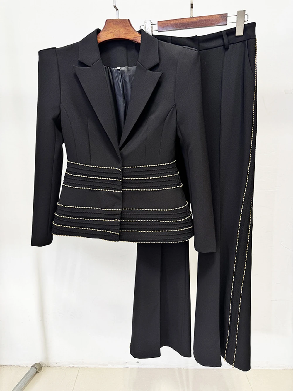 2026 New European And American Socialite Temperament Copper chain Nail Bead Slim Fit Suit Pants Set Two-Piece Set