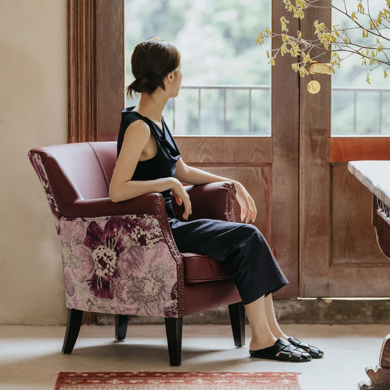 

Flora series burgundy medieval leisure chair retro single sofa American tiger chair living room