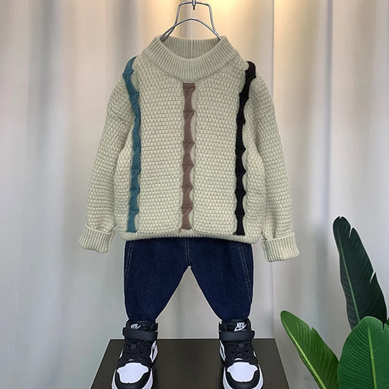 Boys Sweater Cotton Undercoat 2022 Scoop Warm Thicken Velvet Winter Autumn Snowsuits Knitting Children's Clothing