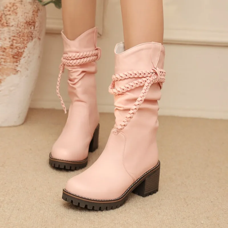 

Winter Tassel Thick Heel Women Knight Boots Elegant Slip On Shoes Vintage Slim Long Botas Zapatos De Mujer