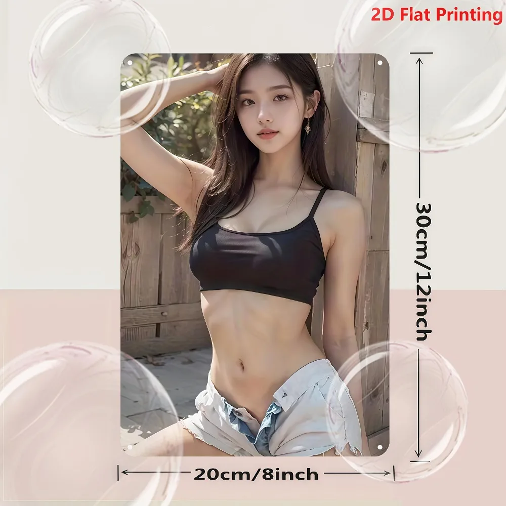 High Definition Metal Tin Sign Beautiful Long Straight Dark Brown Hair Young Asian Female Black Slim Spaghetti Strap Crop Top Wh