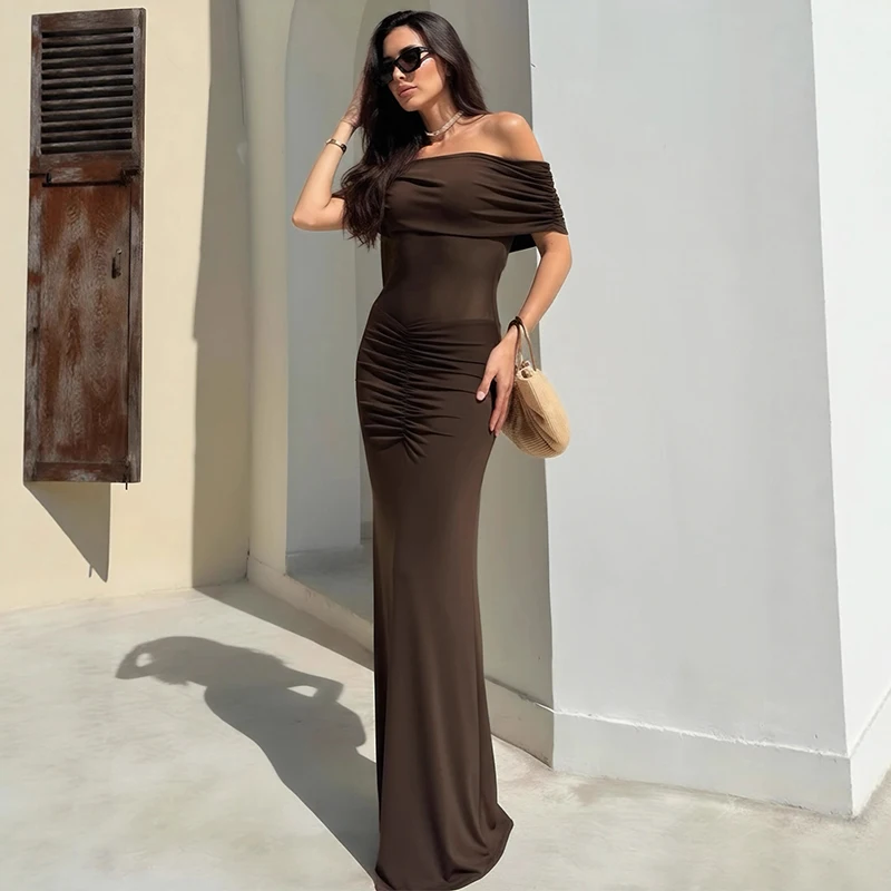 

Typhaland Sleeveless Ruched Party Dress Women's One Shoulder Elegant Slim Maxi Dress Banquet Female Summer Fashion Dress New