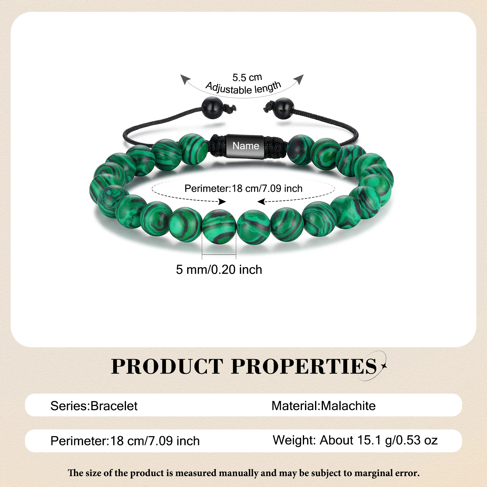 Customized Simulated Malachite Beaded Chain Bracelets Personalized Engraved Name Bracelets for Men Women Handmade Christmas Gift