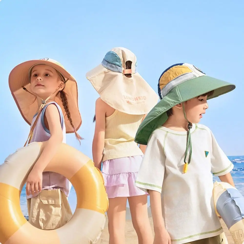 

Детская шляпа от солнца из полиэстера с шейным клапаном из дышащей ткани, шляпа с широкими полями, регулируемый ремень, защита от ультрафиолета, летняя шляпа для мальчиков и девочек