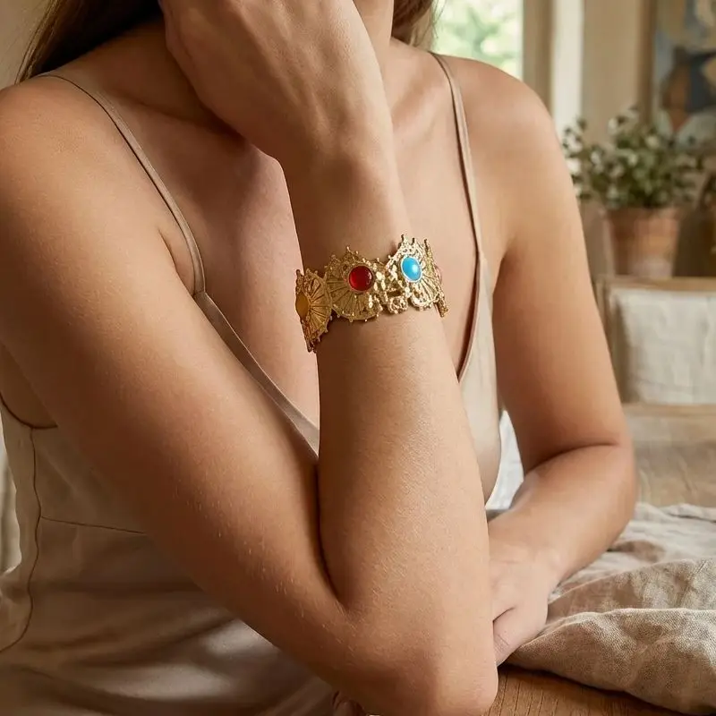 

Luxury Irregular Geometic Stainless Steel Cuff Bracelet for Women Colorful Stone Wide Open Bangle Fashion Party Jewelry Gift