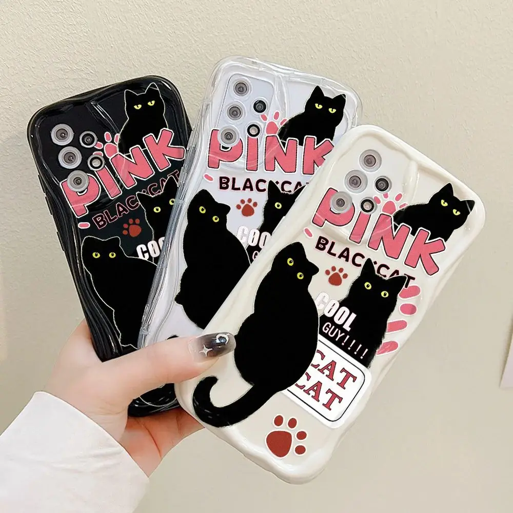 Pink Black Cat Wave Luxury 3D Wave Case For Samsung A73 A72 A71 A55 A54 A53 A35 A34 A33 A25 A24 A23 A15 A14 A13 A05 A04 A03 5G