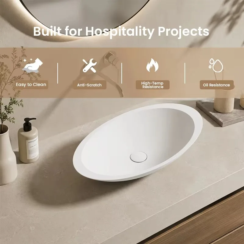 Modern High-quality Solid Surface  Countertop Wash Basin, Eco-friendly and Easy to Clean, for Bathrooms in Hotels and Schools.