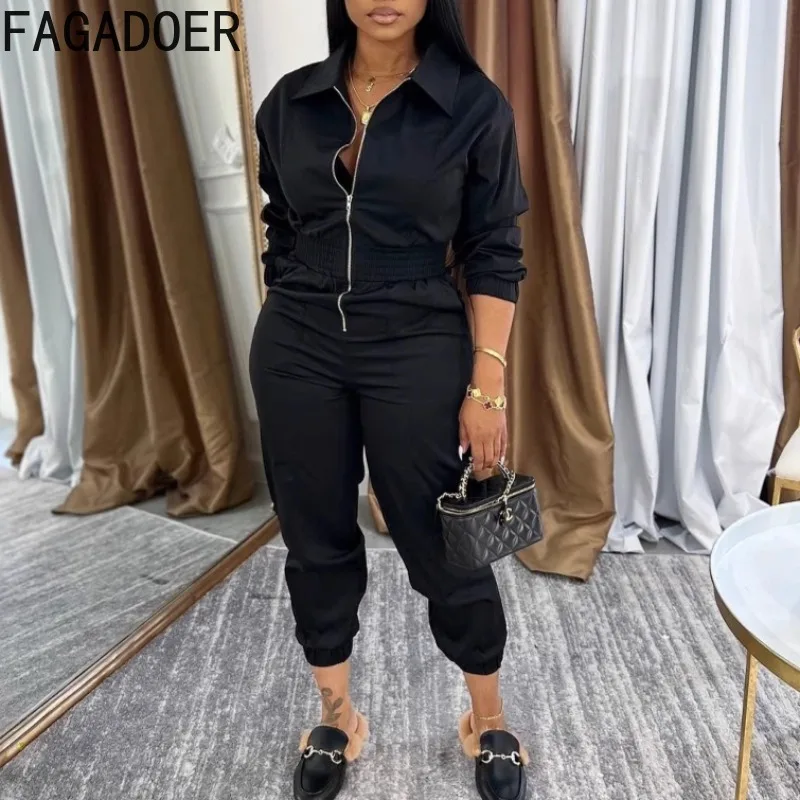 FAGADOER Jumpsuit Ritsleting Depan Saku Kasual Romper Bodycon Tambal Sulam Ruched Lengan Panjang Wanita Overall Pakaian Jalanan Wanita Baru