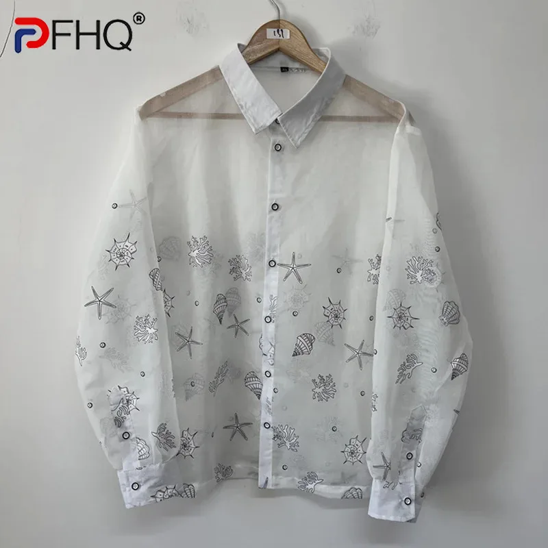 

PFHQ Print Organza Simple Elegant Layering Versatile Designer Men's Shirt 2024 Turn-down Collar Male Tops Fashion 21Z5486