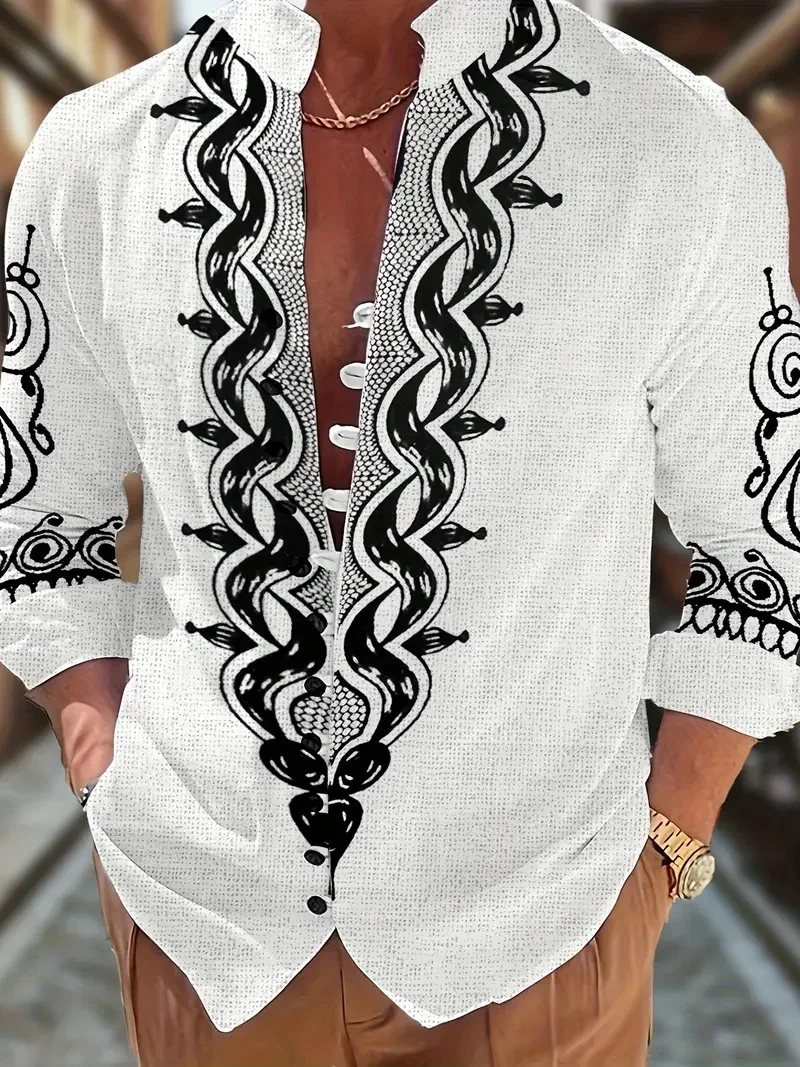 New Men's Linen Short Sleeve Shirt Fashion Vintage Style Ethnic Totem Print Comfortable Men's Top