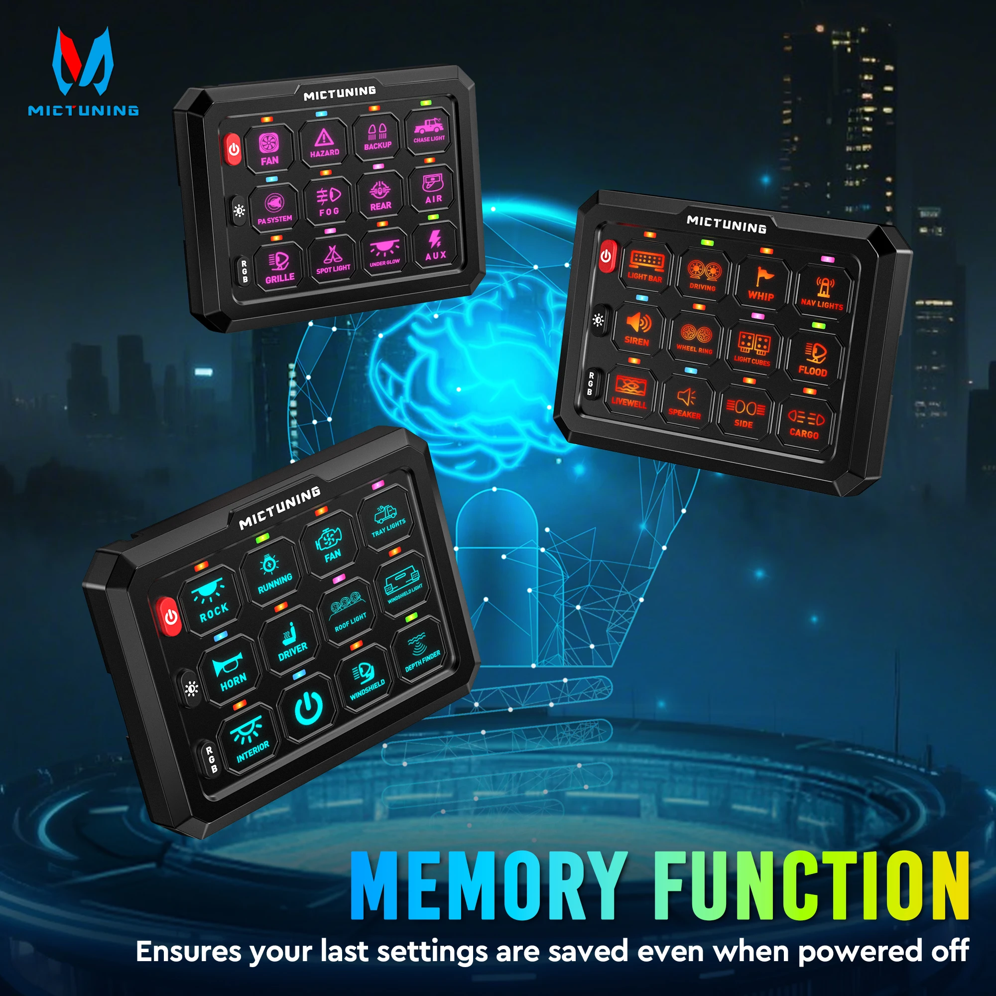 MICTUNING RGB 12Gang Switch Panel, Multi-Function Toggle Switch Instant Flash Strobe Circuit Control Device, Controls Automotive