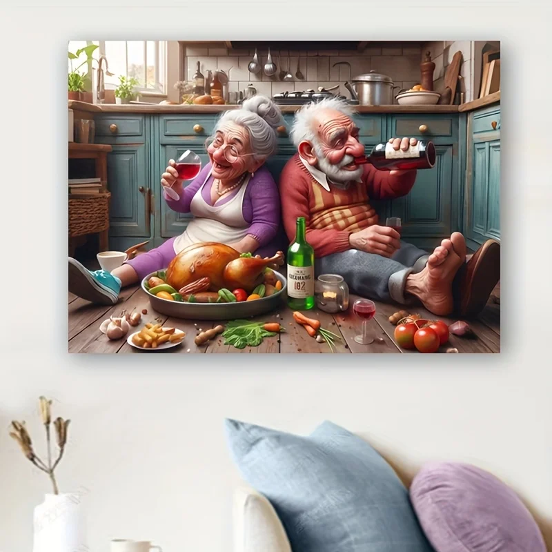1000pcs Jigsaw Puzzle - Elderly Couple Dining Together, Vintage Kitchen Table Scene with Roasted Turkey, Vegetables & Wine - R