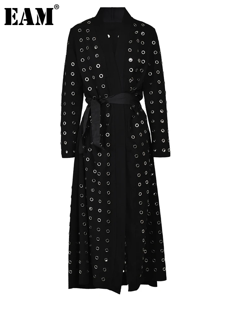 

[EAM] Женский черный длинный плащ с поясом, новый ветровка с v-образным вырезом и длинными рукавами, модная ветровка, весна-осень 2024, 1DH 532401