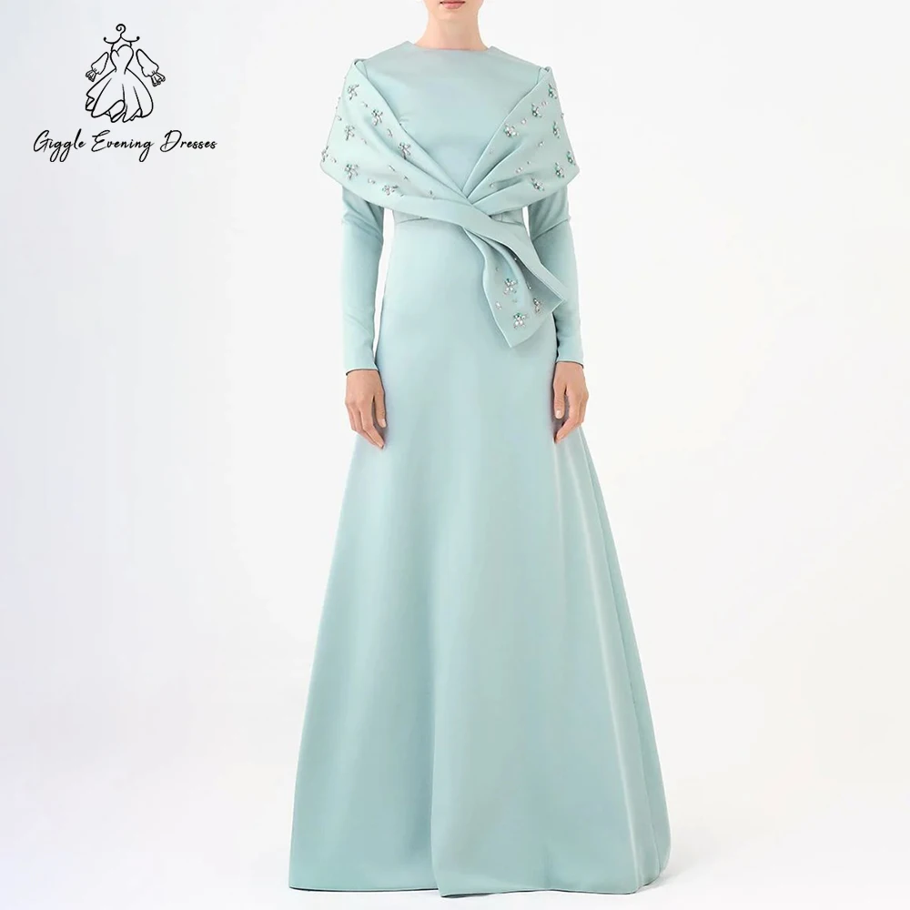 

Giggle Light Blue Cape Evening Dress Long Sleeves O Neck Mermaid Jersey Saudi Arab Prom Gown Floor-Length Party Dress Customized
