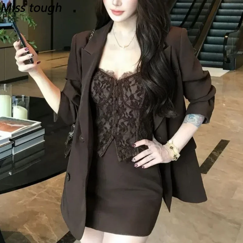 Elegant Vintage 3 Piece Set Women Lace Trim Cami Tops + High Waist Bodycon Mini Skirt Slim Fit Y2k Korean Fashion Sweet Outfits