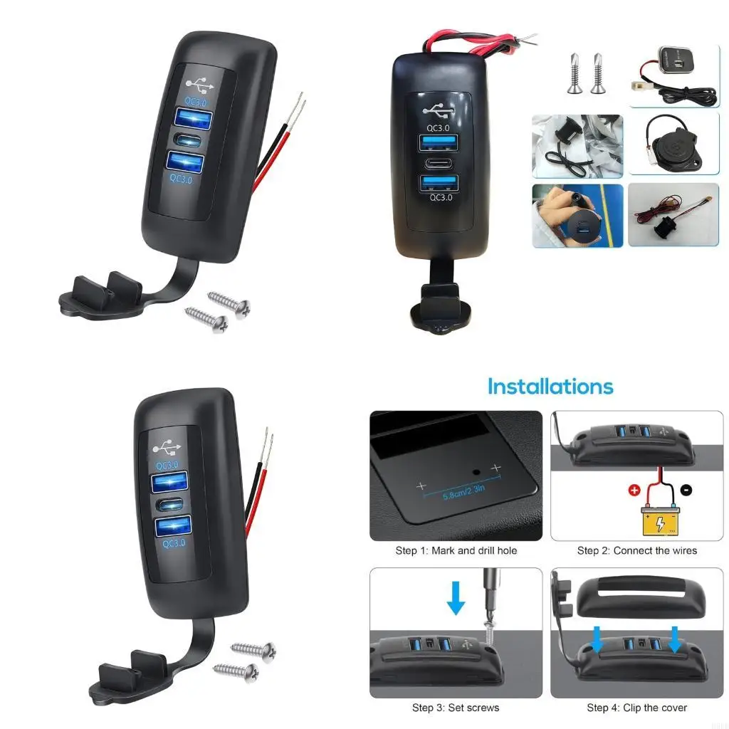 

USB-розетка для быстрой зарядки для автомобиля 12 В 24 В с 2 портами USB QC3 0 и 1 портом типа C PD3 0 водонепроницаемый дизайн