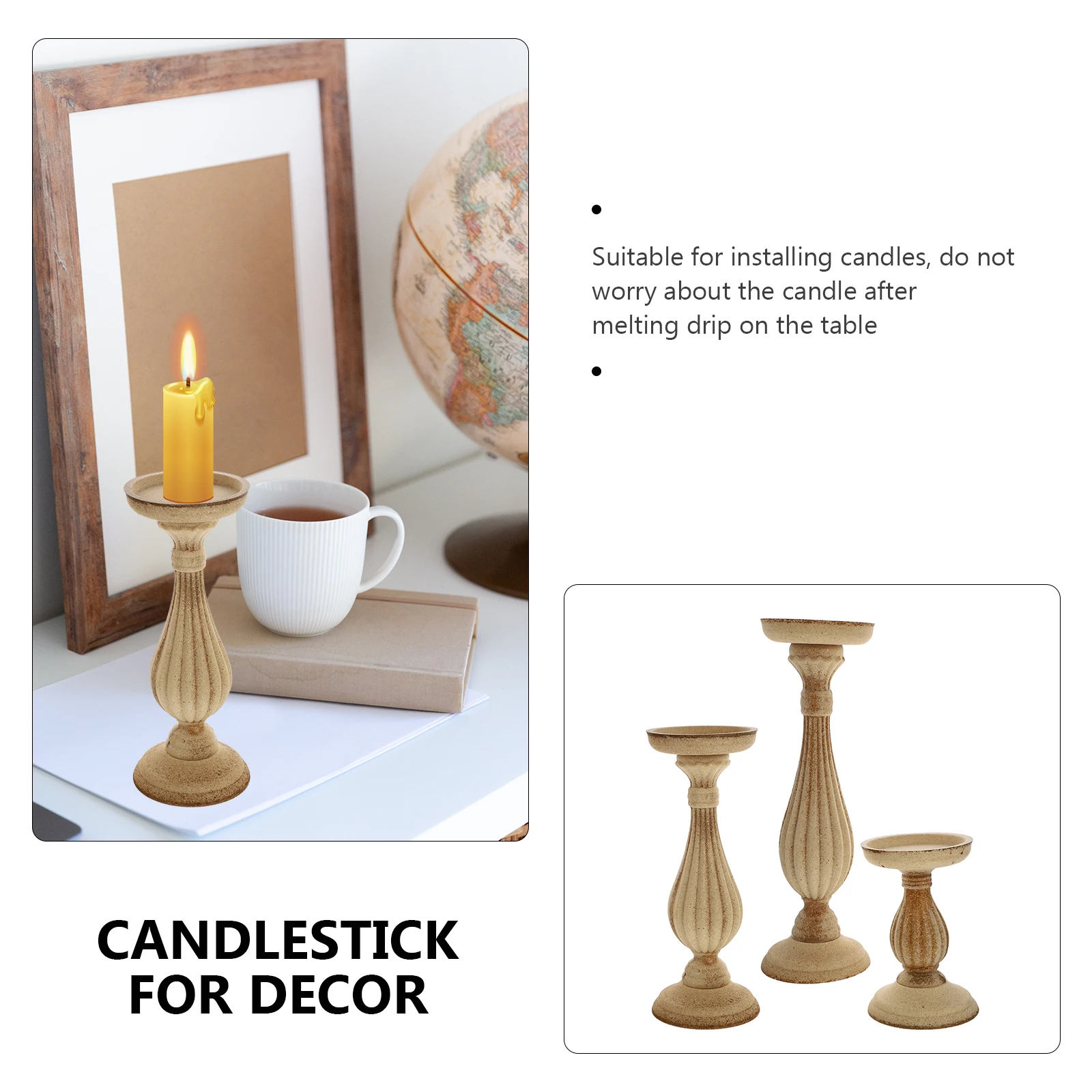 

3 Pcs Wooden C lesticks White Holder Home Decor Retro Style for Wedding Khaki Hotel Eco Friendly