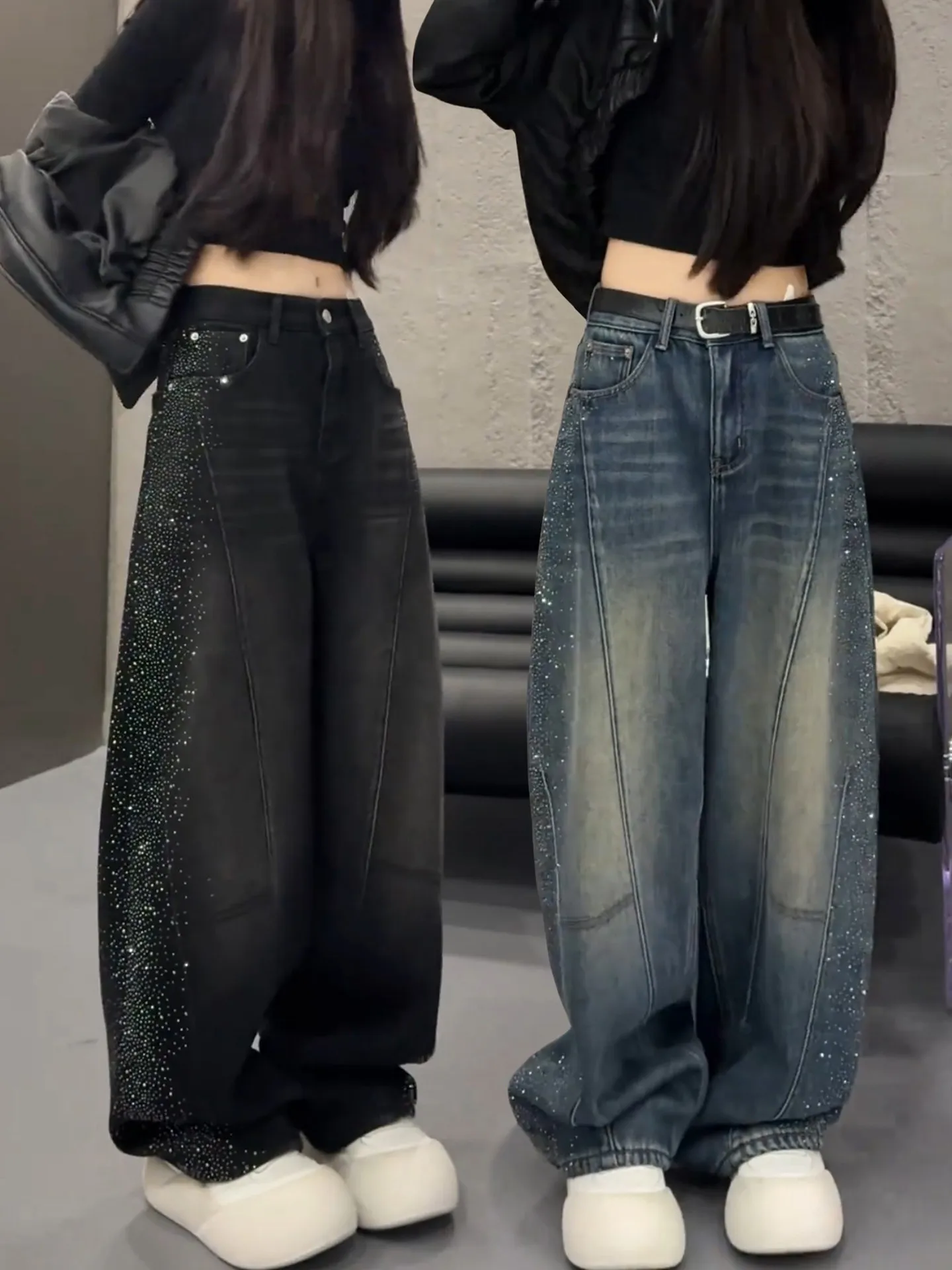 

American Style Rhinestone Wide Leg Jeans Women's Loose Fit Slimming Straight Long Pants Spring 2026 New plus Size Casual Denim