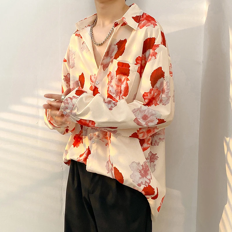 

Hairstylist Men's Long Sleeve Shirt Draped Feeling Chiffon Summer Hawaii Jacket Youth Trendy Loose Fit Daily Wear