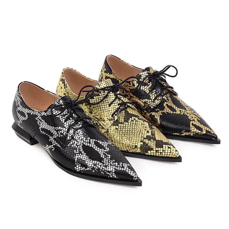 Snake Print Women Loafers Shoes Casual Low Heels Fashion Lace-up Boat Shoes Lady Sexy Pointed Snake EURO Style Oxford Shoes