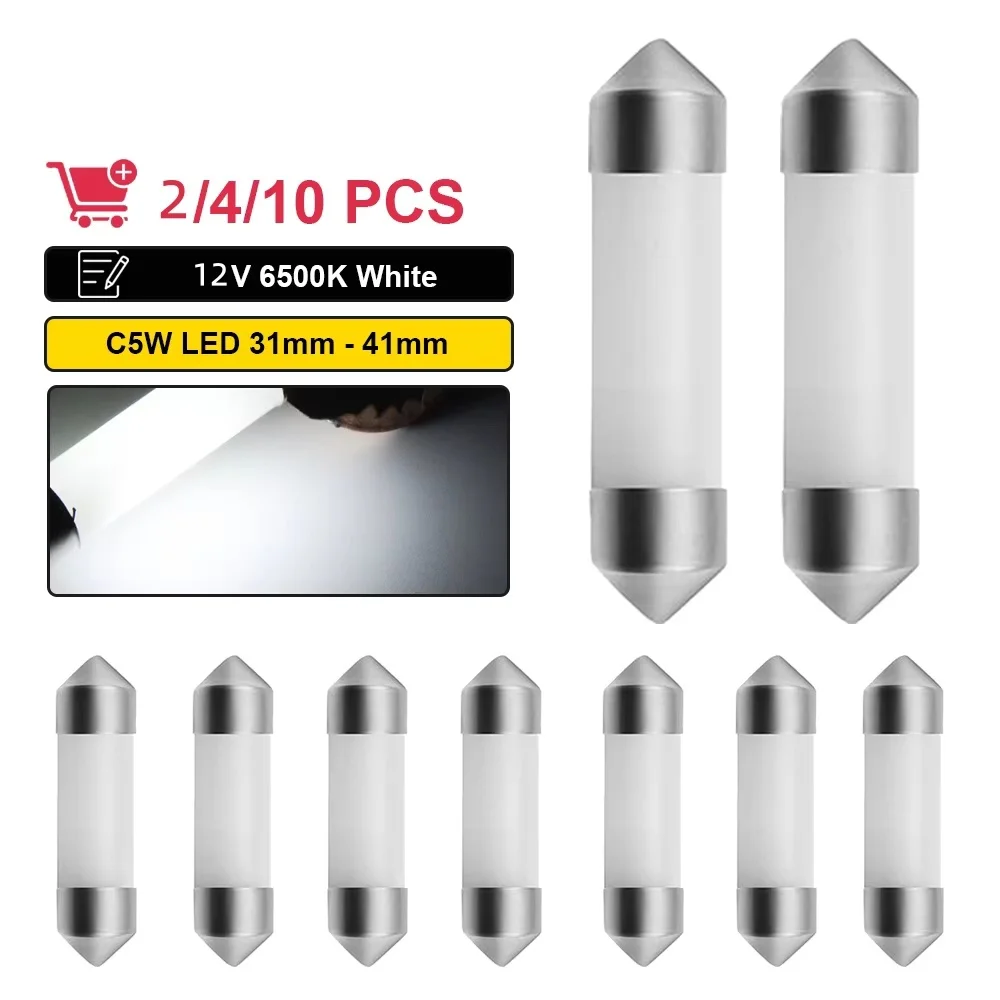 2/4/10 PCS C5W LED Bulb Festoon 31mm 36mm 39mm 41mm C10W COB 12V 6500K White Car Interior Reading Light Trunk License Plate Lamp