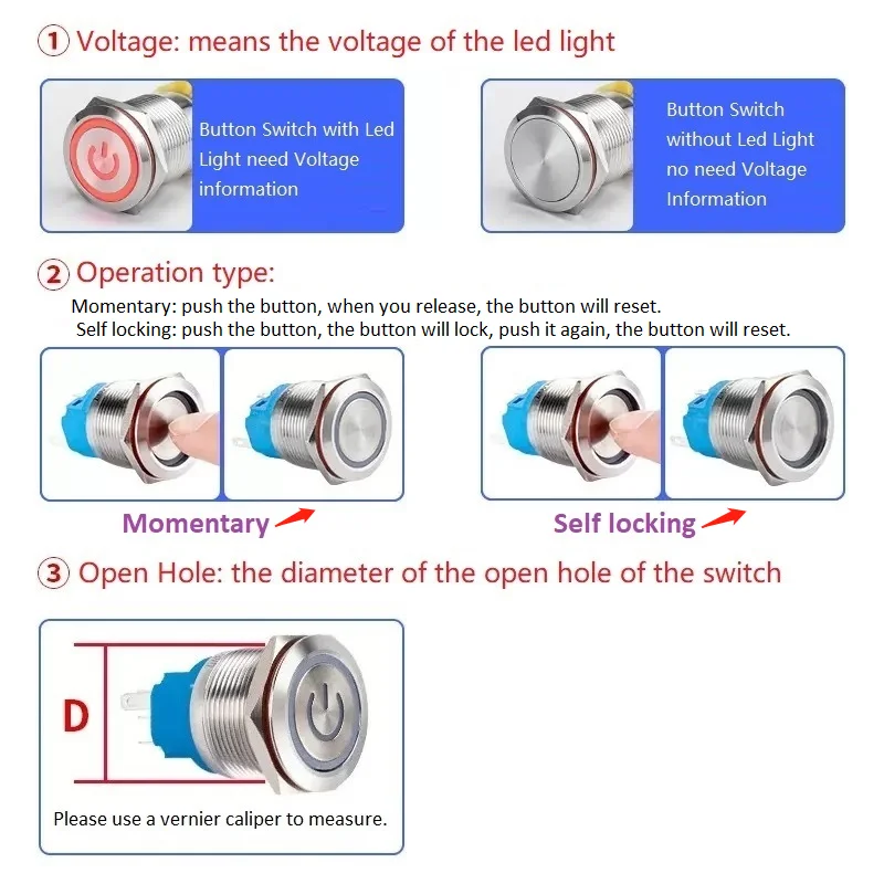 22mm Black Metal Push Button Switch Waterproof LED Light Self locking/Momentary Flat Head Switch with Connector