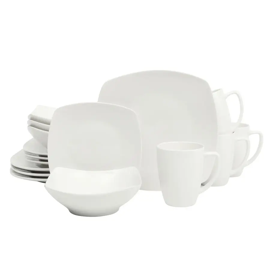 

Zen Buffet Porcelain Chip and Scratch Resistant Dinnerware Plates, Bowls, and Mugs Set, Service for 4 16pcs, White Square Dishes