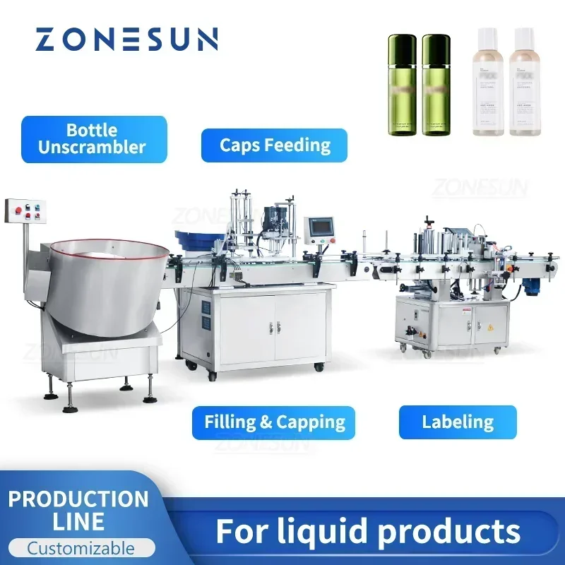 ZONESUN ZS-FAL180Z2 Linea di produzione automatica Tappatura di liquidi Etichettatrice Riempitrice Bottiglia Macchina imballatrice con pompa magnetica