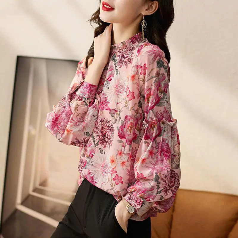 Autumn Fashion New Trendy and Explosive Chiffon Shirt with Ruffled Edges Bubble Long Sleeved Floral Chiffon Shirt Top