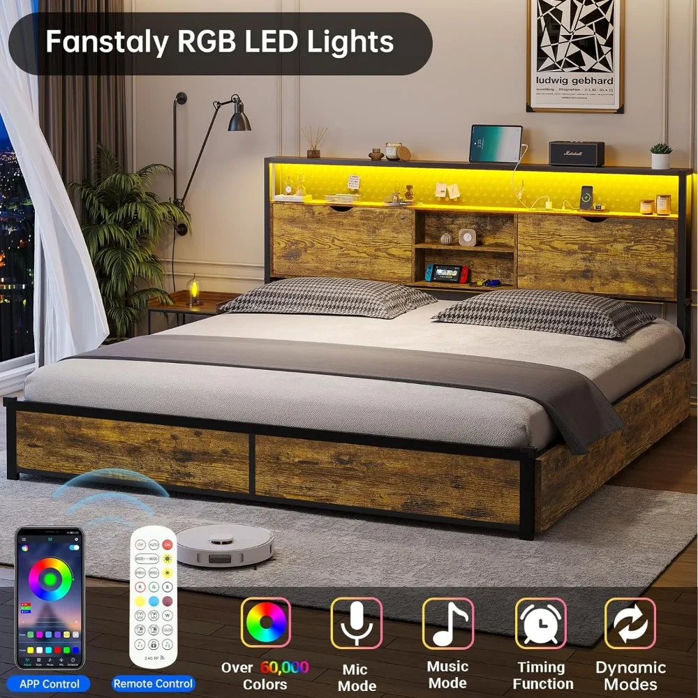 Bedframe Met Opslag En Led Licht Hoofdeinde, Bedframe Met Laadstation, Bedframe Met Plank Hoofdeinde, Geen Boxspring Nodig