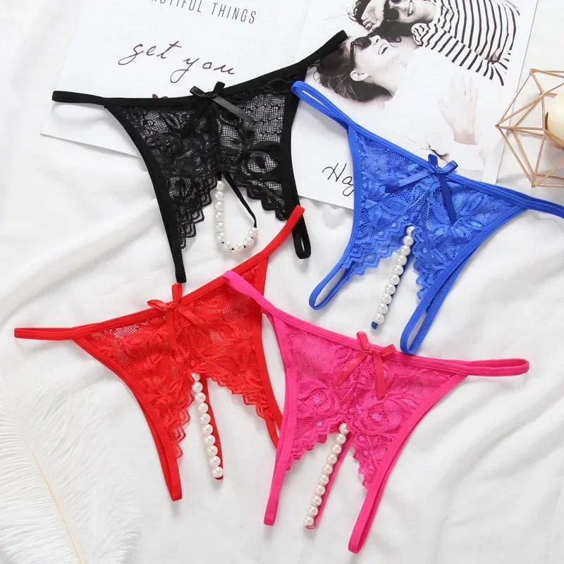 

Women Sexy Crotchless Beading Panties Sexy Lingerie Thong for Ladies Embroidery Lace Low Waist G-String Panties with Pearls Ball