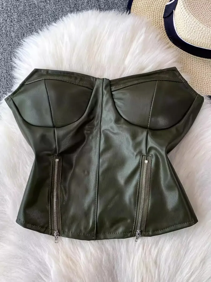 Foamlina Trendy Sweet Cool Hot Girl PU Leather Bandeau Vest European vintage Slim Fit Zipper Tie Up tube Top camisole