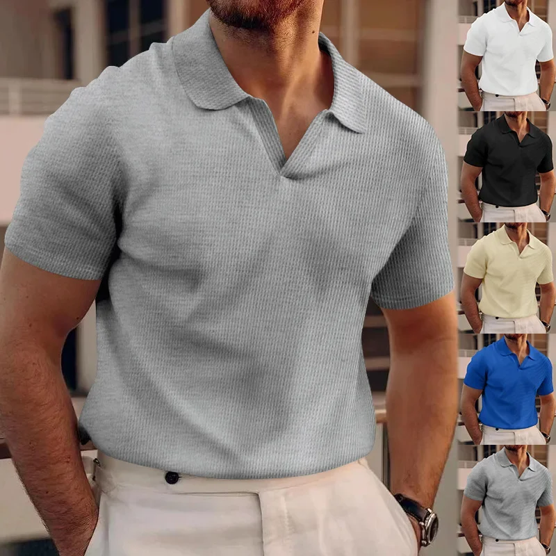 High Quality Summer New Men\'s Lapel Solid Ventilate Polo Short Sleeve Thin Fashion V-neck Casual Short Sleeve T-shirt Top S-3XL