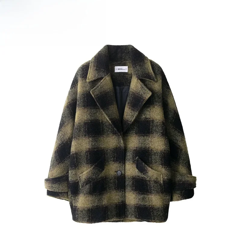 Fashionable Mixed Fiber Autumn Winter Coat Women's Short Outerwear Grid Pattern Standard Fit European Style Button Closure