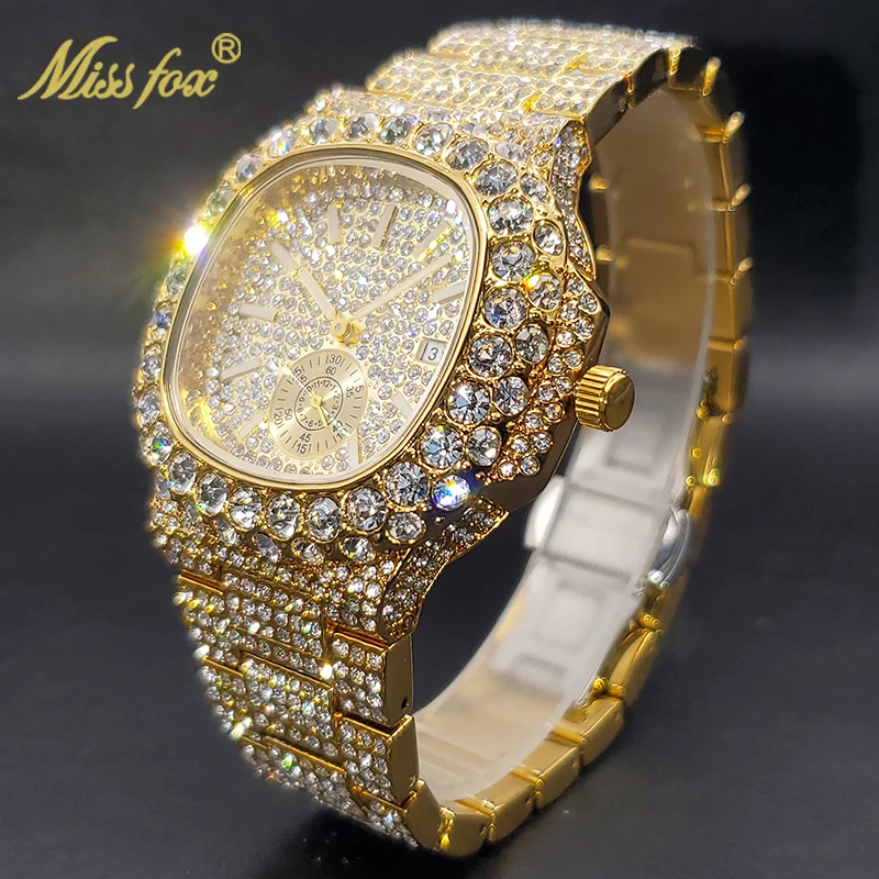 Reloj de oro para hombre con diamantes helados, relojes de cuarzo elegantes de Hip Hop para hombre, relojes de pulsera resistentes al agua con doble