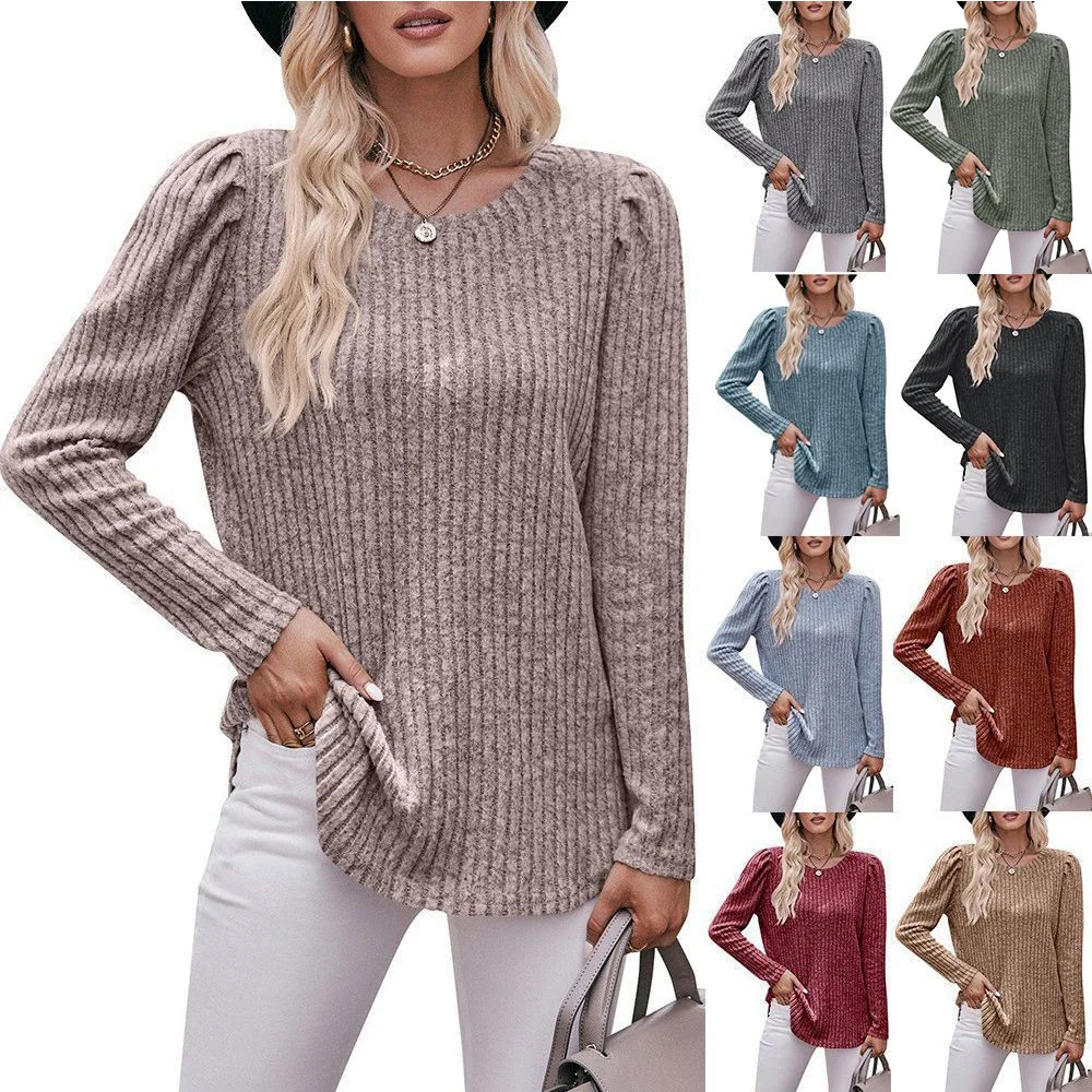 Women's Top With Sleeves Spring Autumn New Female Round Neck Bubble Sleeves Brushed Grooves Solid Color Top Long Sleeved T-shirt