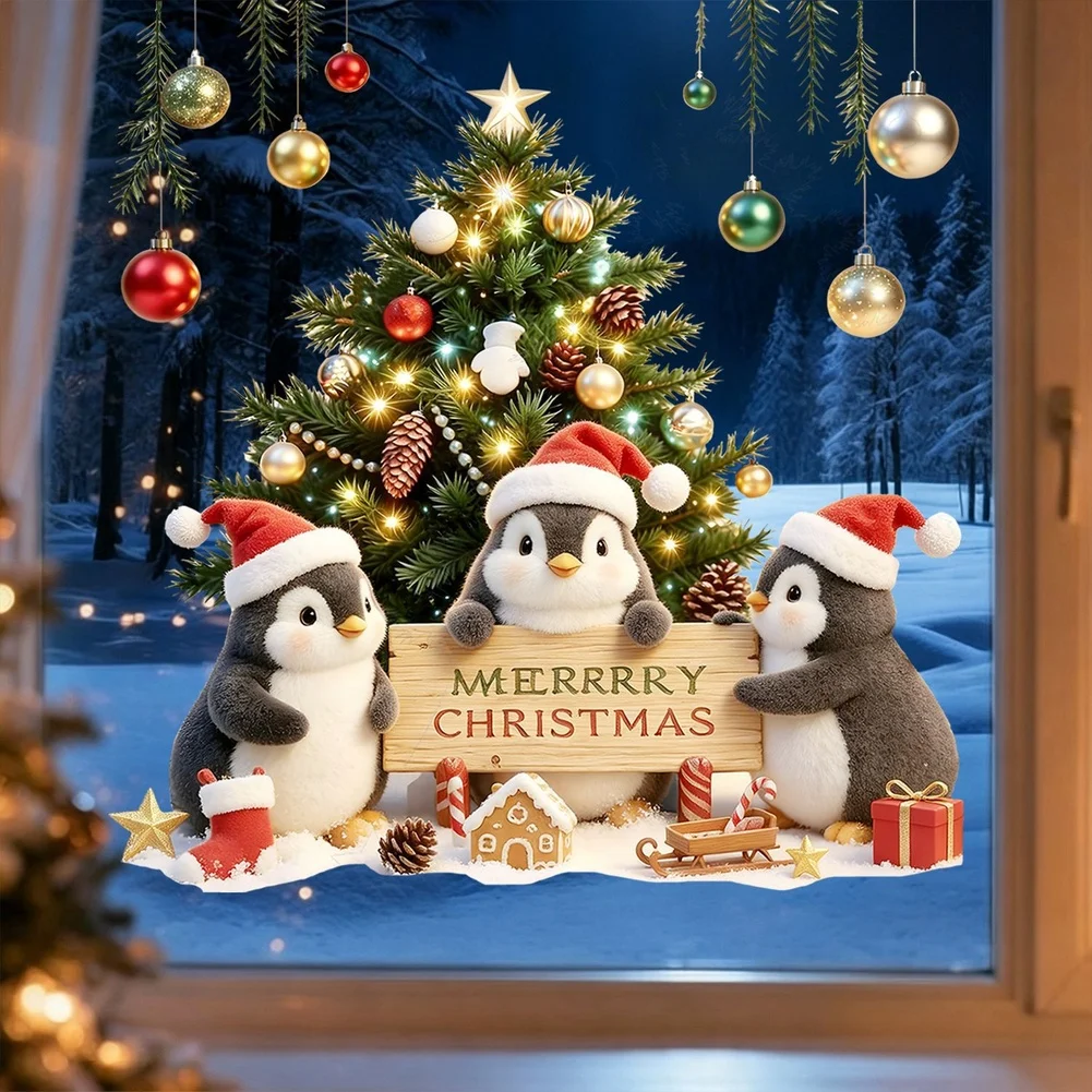 Cling Penguin Ornament for Windows - Festive Christmas Decor with Tree Design Reusable PVC Material 38 x 3 x 3 cm