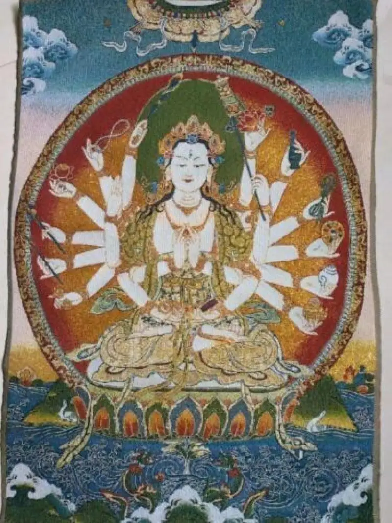 

36"Tibetan Silk Buddha Statue of Nepal Thangka Embroidery Thousand-Hand Kwan-yin