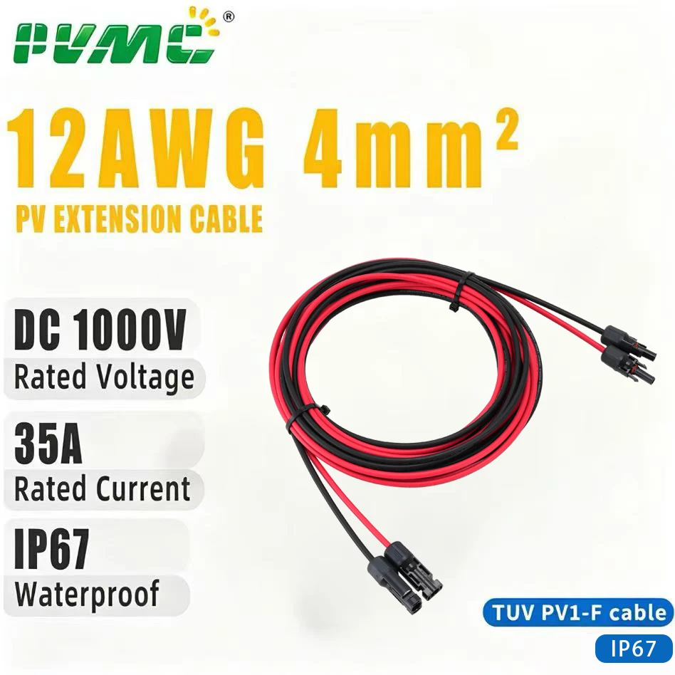1 Pair of Red and Black Double-Headed Extension Cables with Connectors for Solar Panel Systems, 4mm² Solar Panel Cables, PV Wire