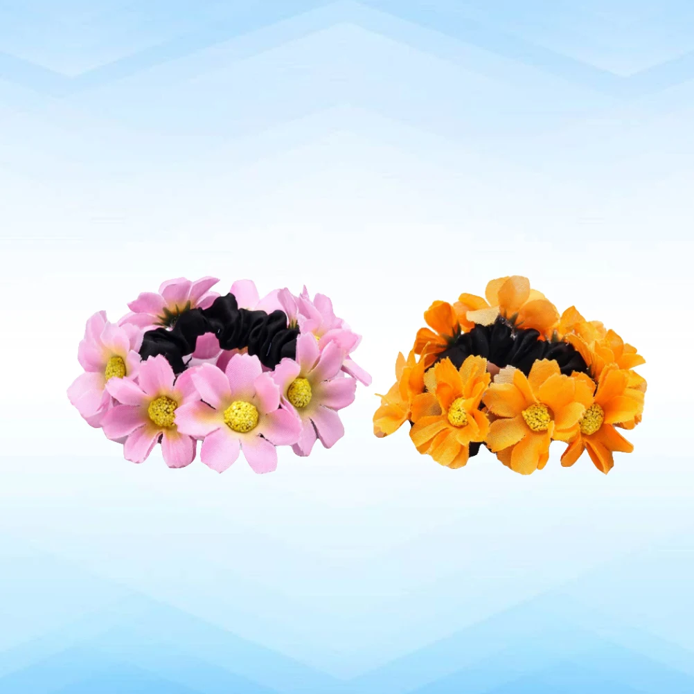 

2 Pcs Hair Ring Simulation Daisy Flower Woman Rings Rope Headgear Tie Beautiful Design Accessories Pink and Yellow