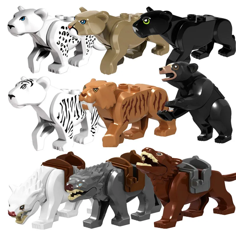 Jungle Beast Animals Tiger Lion Bear Wolf Elephant Leopard Dinosaur Model Figure Blocks Construction Building Toys For Children