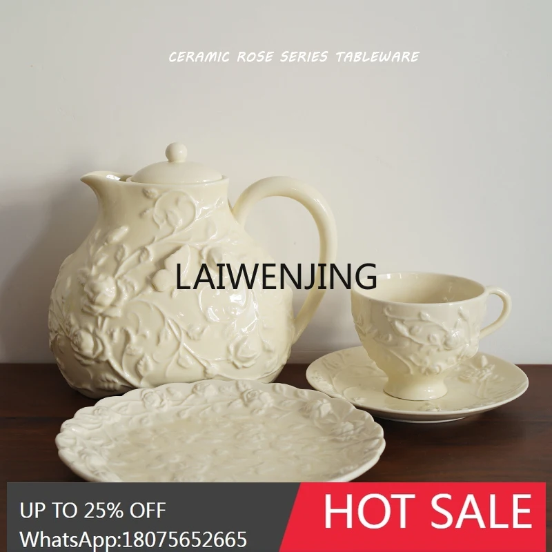French Romantic Garden Embossed Ceramic Coffee Pot Cup Plate Plate