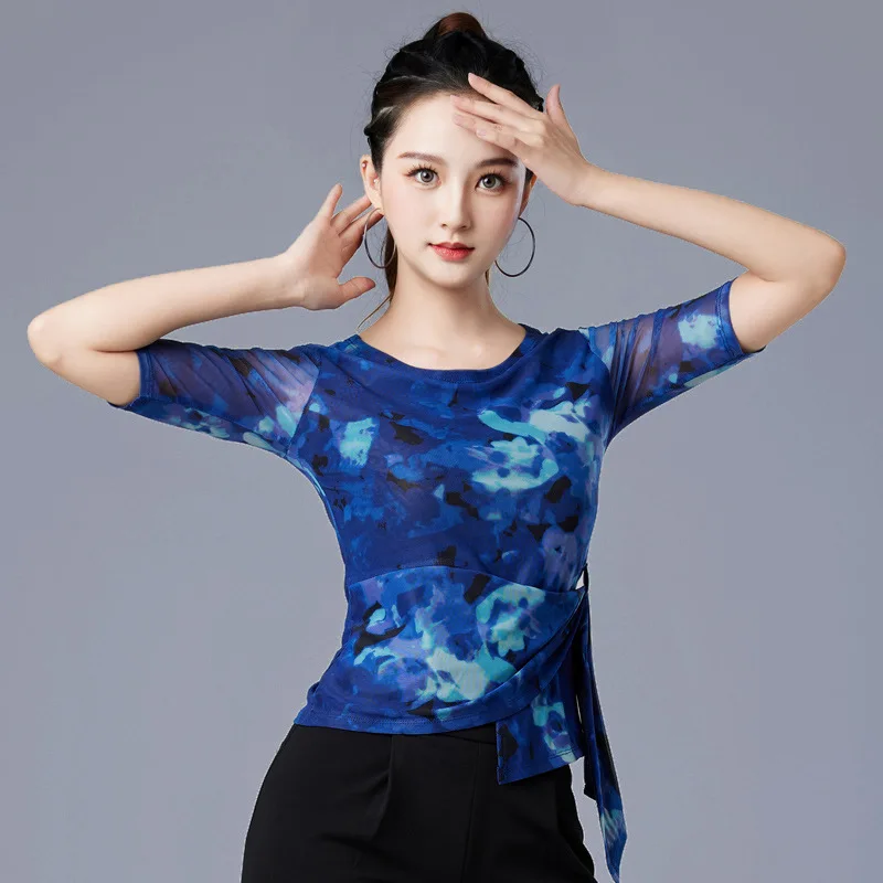 2024 New Fashion Blue Latin Dance Top Printing New Adult Women\'s Training Dance Modern National Standard Social Dance Clothing