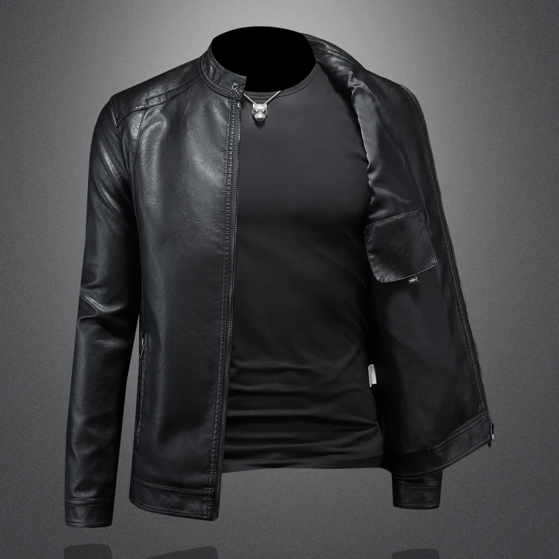 Chaqueta de cuero de alta calidad para hombre, abrigo ajustado con cremallera y cuello levantado, para motocicleta, otoño e invierno, M-4XL