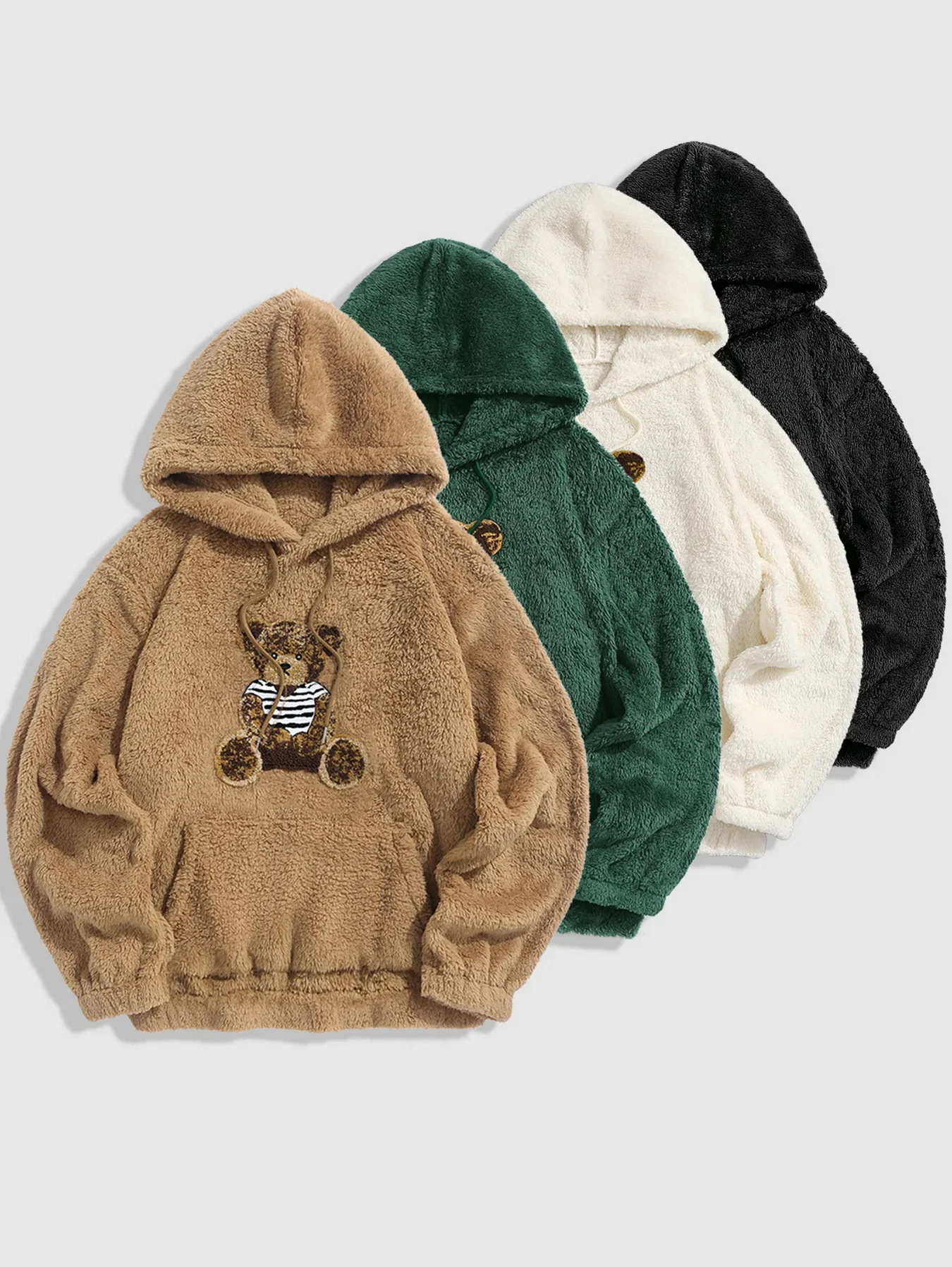 

ZAFUL Men's Bear Terry Embroidered Pullover Fluffy Faux Fur Teddy Hoodie Men Hoodie Kangaroo Pocket Fuzzy hoodie bape streetwear