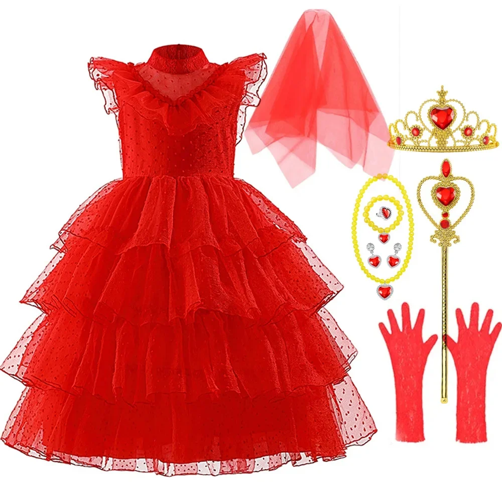 Lydia Deetz Costume Kids Red Wedding Dress Horror Ghost Bride Girls Halloween Costume Cosplay Dress