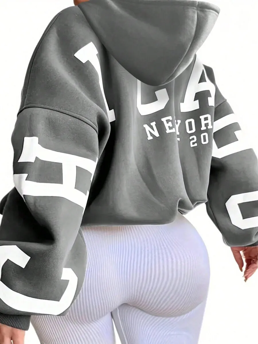 

Oversized Cropped Hoodie with Bold Letter Print, Loose Fit Long Sleeve Pullover