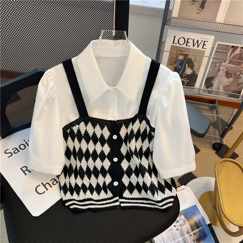 Shirts for Women 2024 Sweet Graphic T Crop Tops Spring Pink Fake Two-piece Short Sleeved Knit Sweater Ropa Mujer Y2k Tee
